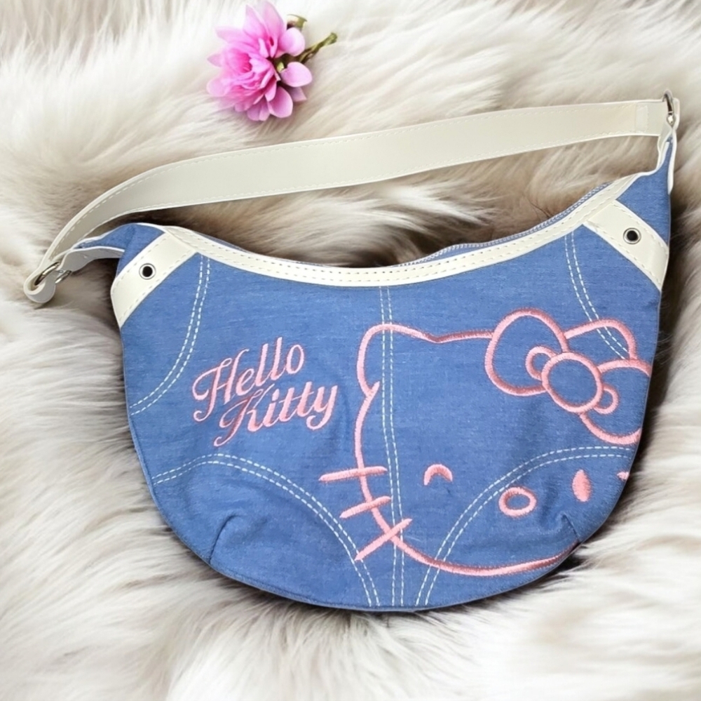 Hello Kitty Denim Hobo Purse Pink Embroidered Sanrio Blue Jean Shoulder Bag Y2K
